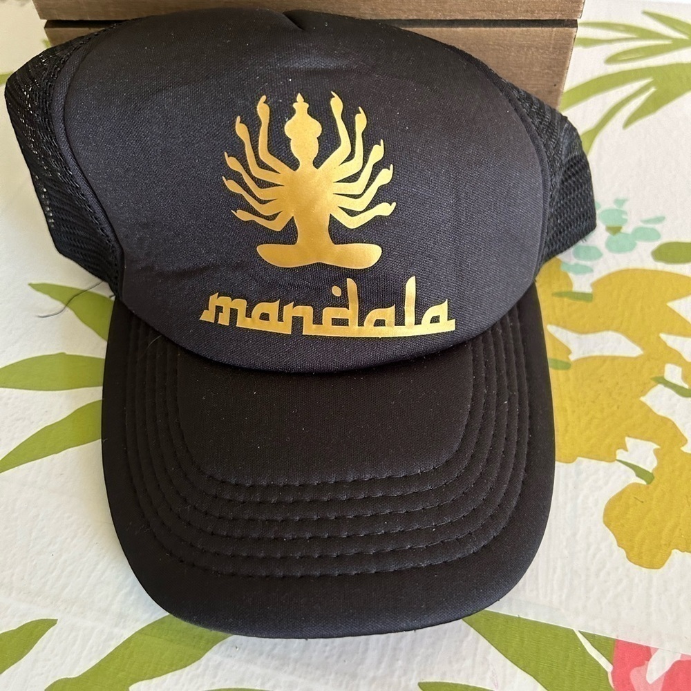 Mandala black snap back hat with gold logo